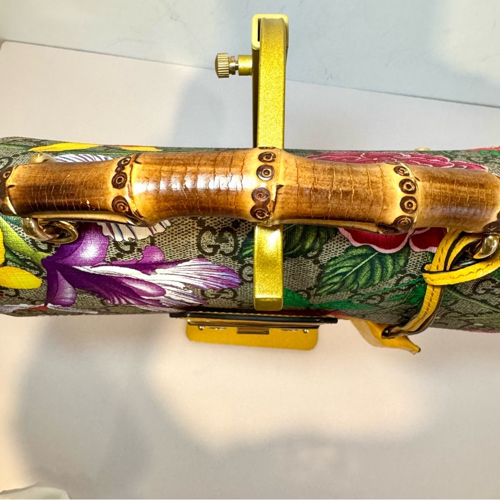 Gucci GG Supreme Monogram Logo Flora Yellow Small Padlock Bamboo Bag W Crossbody - Picture 6 of 16